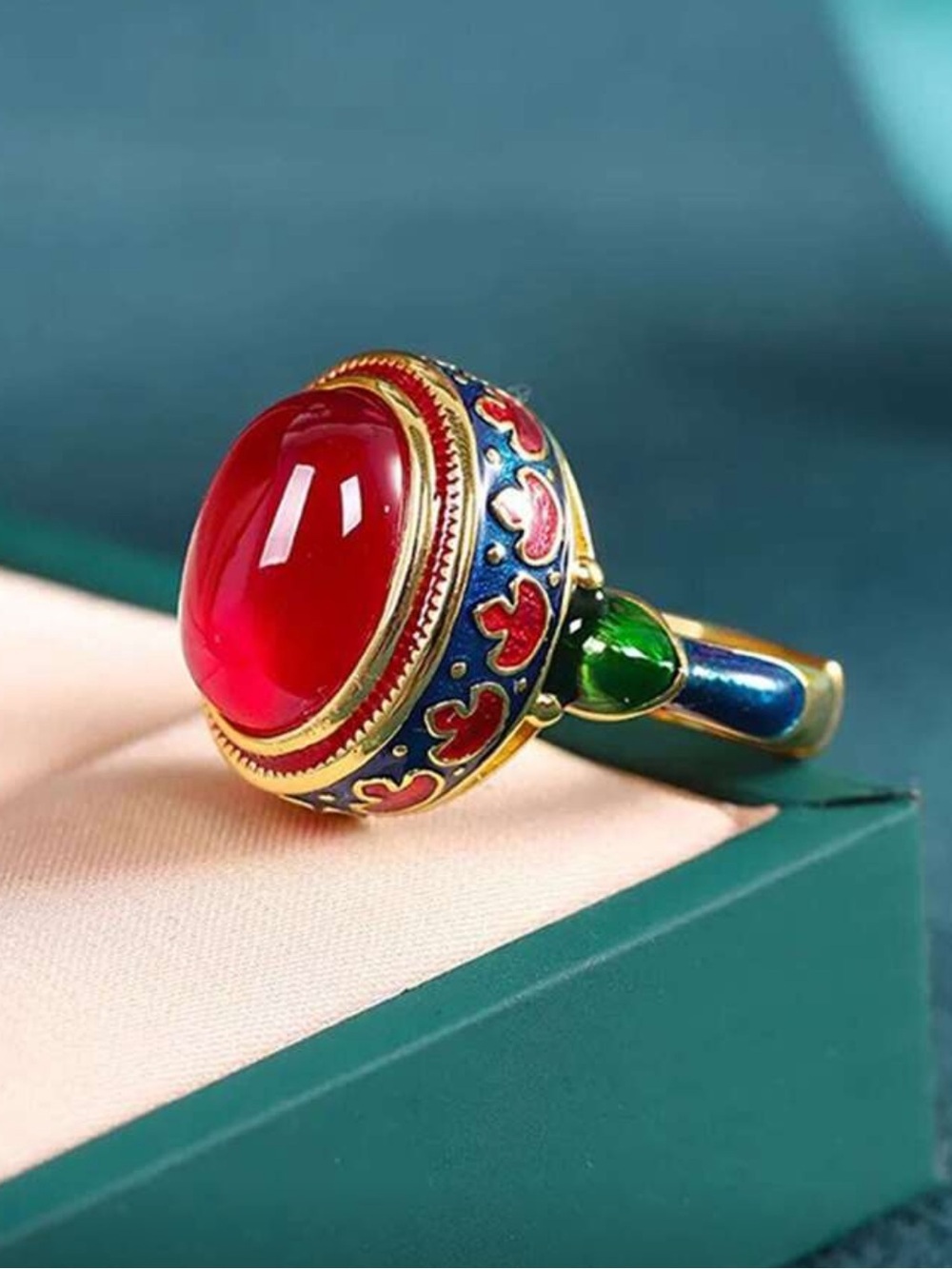 Golden Ring with Red Cabochon and Enamel Accents - Picture 3 of 7
